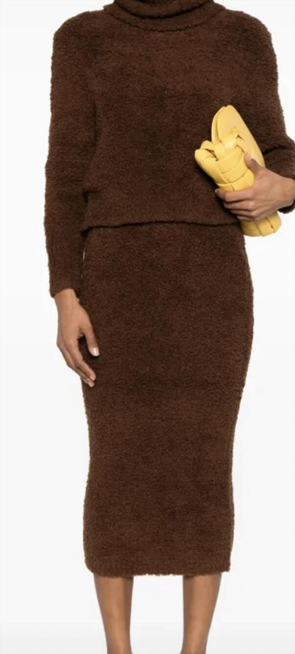 NEW SELF-PORTRAIT fluffy knit midi skirt in brown